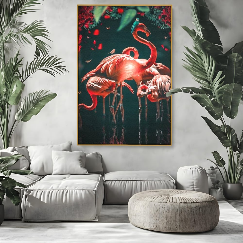 Tablou canvas cu tablou canvas cu flamingo roz, in rama de aluminiu auriu, pe perete intr-un living